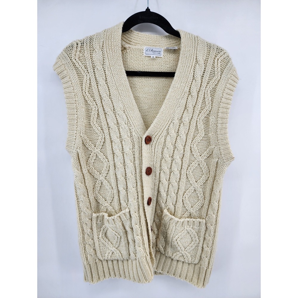 LS Ayres Men Cream Cable Knit Button Front Cardigan Sweater Vest Size‎ Medium